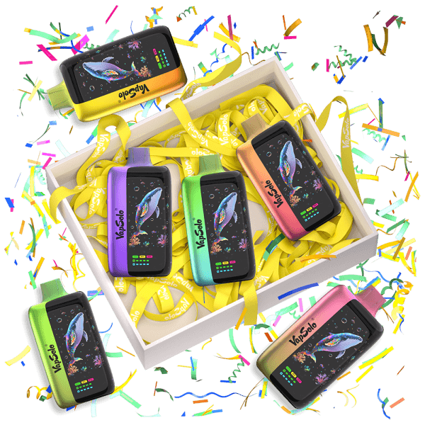 Colorful Vapesolo disposable vapes arranged in a gift box with decorative ribbons and confetti, featuring vibrant packaging designs.