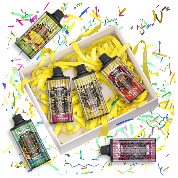 Vapsolo SUPER vape gift set featuring different flavored vapes with 15000 puffs each, displayed in a decorative box with colorful ribbons and confetti.