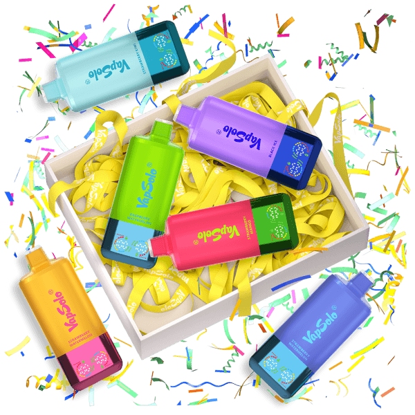 Vapsolo Surprise Box Set featuring colorful vape devices with visible text including Raspberry Watermelon, Mixed Berry, and Black Ice. The box is filled with yellow ribbons and surrounded by confetti.