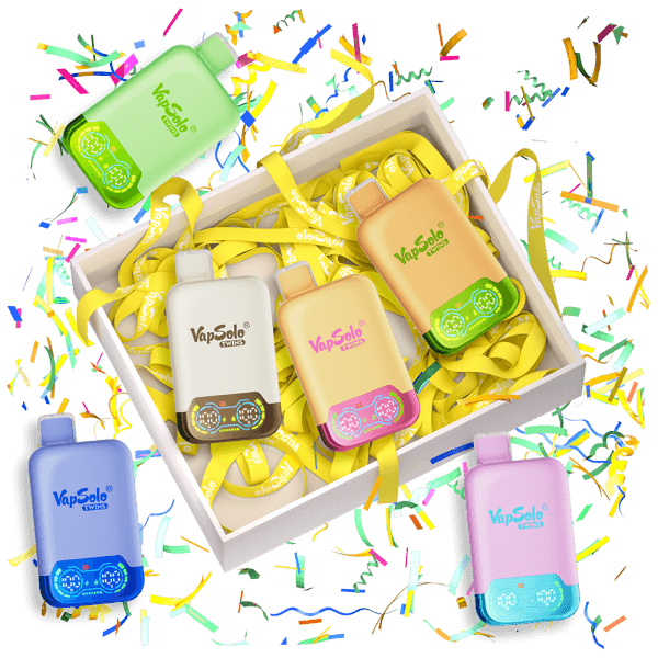 VapSolo TWINS PRO vapes displayed in a festive gift box, surrounded by colorful ribbons and confetti.