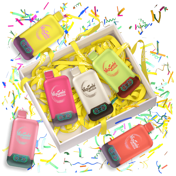 A VapSolo TWINS PRO gift box containing multiple vapes surrounded by colorful confetti. Each vape features a unique color and the VapSolo logo, with decorative yellow ribbons inside the box.