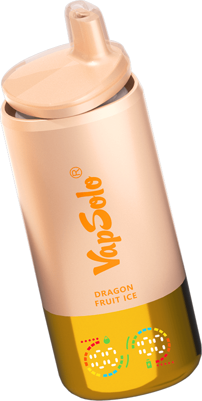 Peach and yellow VapSolo vape device featuring "Dragon Fruit Ice" flavor with decorative "202" text.