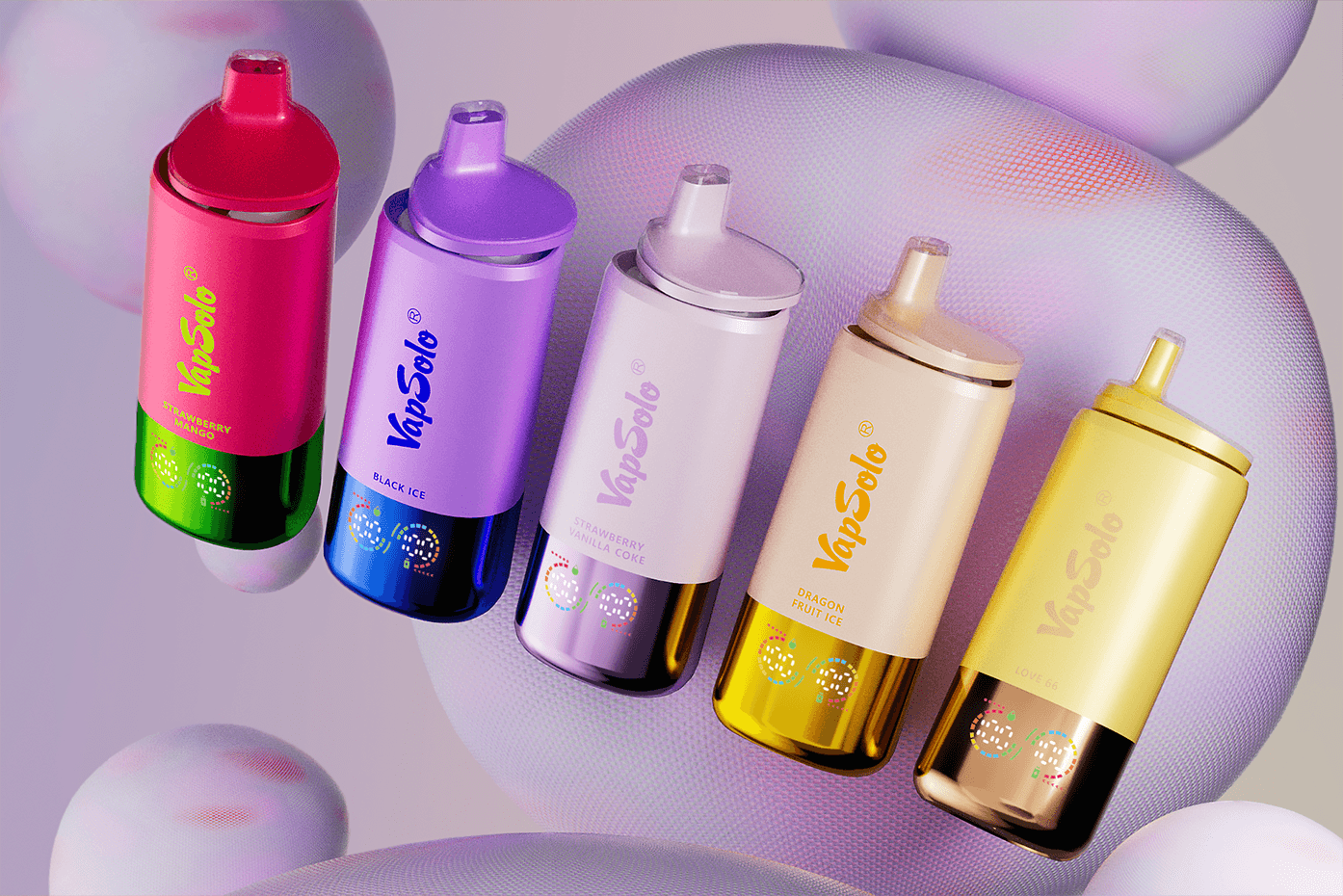 Five colorful VapSolo vape devices in various flavors including Strawberry Mango, Black Ice, Strawberry Vanilla Coke, Dragon Fruit Ice, and Love 66, displayed against a textured background.