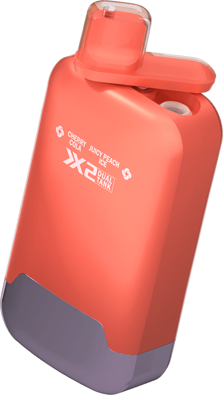 Orange TWINS PRO vape device featuring dual tank with Cherry Cola and Juicy Peach Ice flavor.