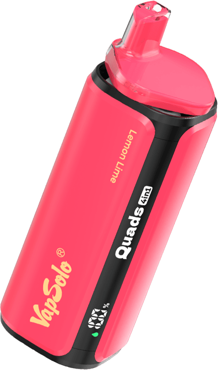 Pink Vapsolo Quads vape device with Lemon Lime flavor labeling and visible LED indicators.