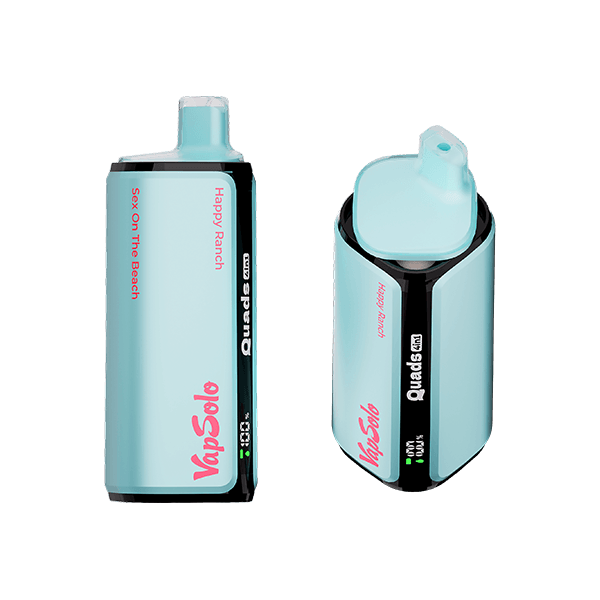VapSolo Quads vape device featuring the Happy Ranch flavor with Sex On The Beach labeling, showcasing a modern design with visible branding.