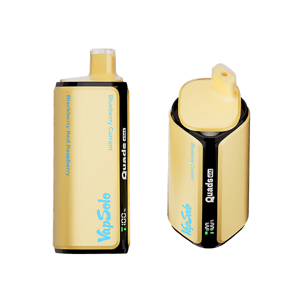 Vapsolo Quads disposable vape featuring flavors: Blueberry Currant and Blackberry Red Raspberry, with visible branding and unique design.