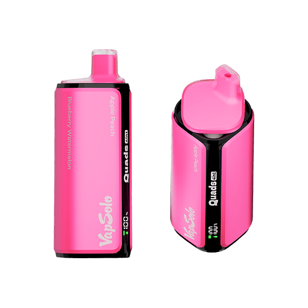 Two pink VapSolo Quads vape devices featuring "Blueberry Watermelon" and "Apple Peach" flavors, capable of delivering up to 8000 puffs.