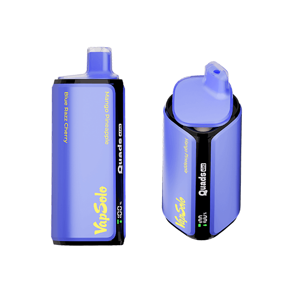 VapSolo Quads vape devices featuring Blue Razz Cherry and Mango Pineapple flavors, with visible brand name and flavor text.