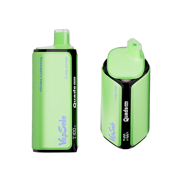Two VapSolo Quads vape devices in green, featuring "Mixed Berry" and "Strawberry Mango" flavors with visible branding.