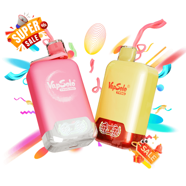 Colorful promotional image featuring VapSolo Twins Pro and VapSolo Twins products with 'Super Sale' graphics and vibrant confetti.