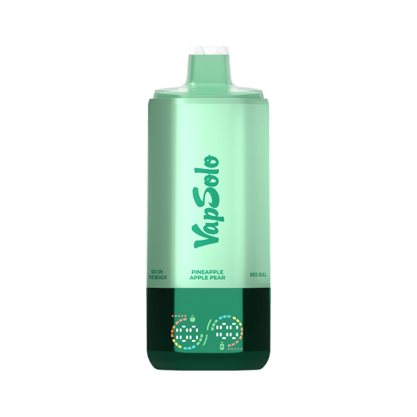 VapSolo vape in green with flavors Pineapple Apple Pear and Red Bull, featuring "Sex on the Beach" label.