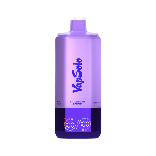 Purple VapSolo vape device featuring Strawberry Banana and Lemon Lime flavors, with "Hami Melon" visible near the bottom.