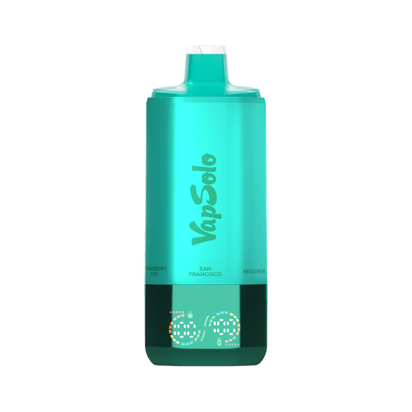 VapSolo vape device labeled "San Francisco" with flavors "Mixed Berry" and "Strawberry Kiwi."