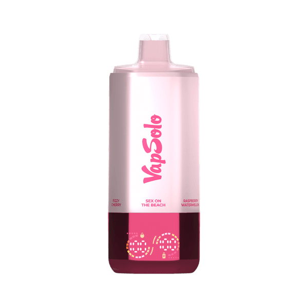 VapSolo vape featuring flavors Sex on the Beach, Raspberry Watermelon, and Fizzy Cherry, displayed on a pink-gradient device.