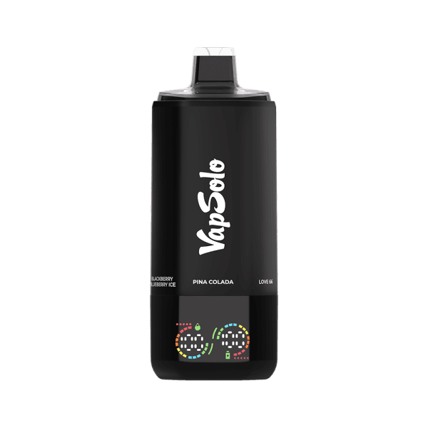 VapSolo vape featuring flavors Pina Colada, Blackberry Blueberry Ice, and Love 66 on a sleek black design.