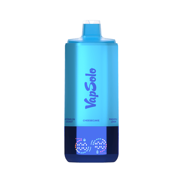 VapSolo vape device featuring cheesecake, pineapple lemon, and watermelon coconut flavors.