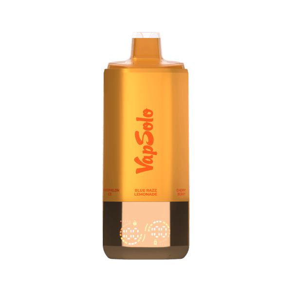 Image of a VapSolo vape device showcasing flavors: Watermelon Ice, Blue Razz Lemonade, and Cherry Berry on an orange casing.
