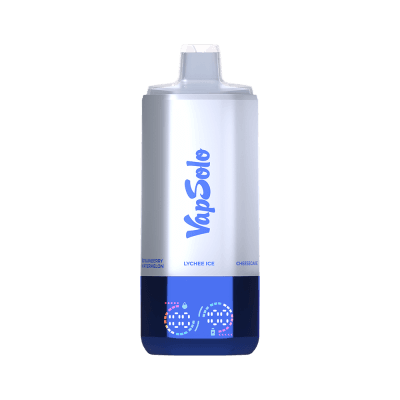 VapSolo vape product featuring Lychee Ice and Cheesecake flavors with visible text "Strawberry Watermelon" on a sleek blue and silver design.