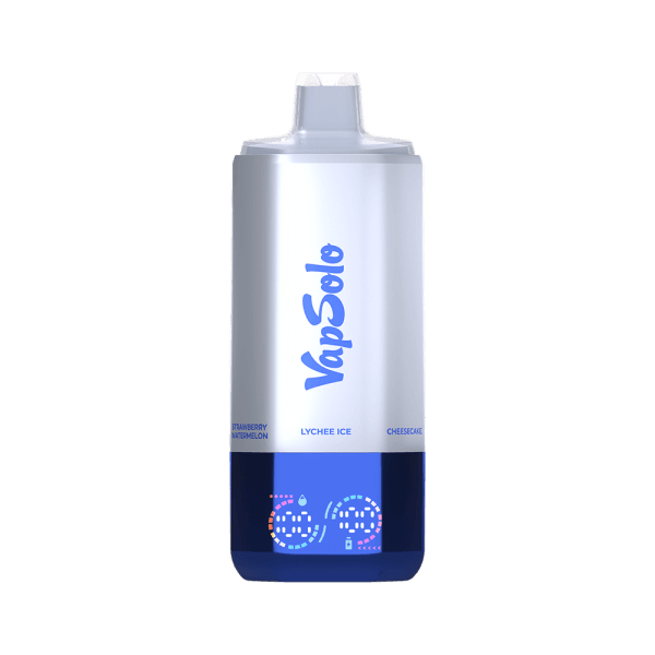 VapSolo vape product featuring Lychee Ice and Cheesecake flavors with visible text "Strawberry Watermelon" on a sleek blue and silver design.