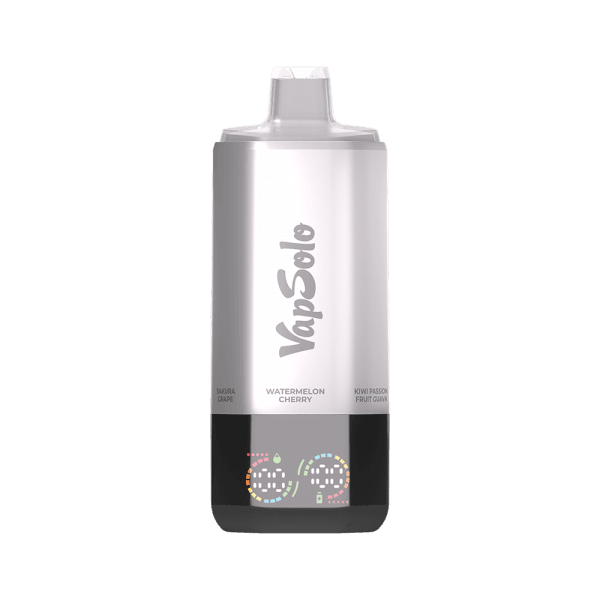 VapSolo vape canister featuring Watermelon Cherry flavor with Kiwi Passion Fruit Guava and Sakura Grape.